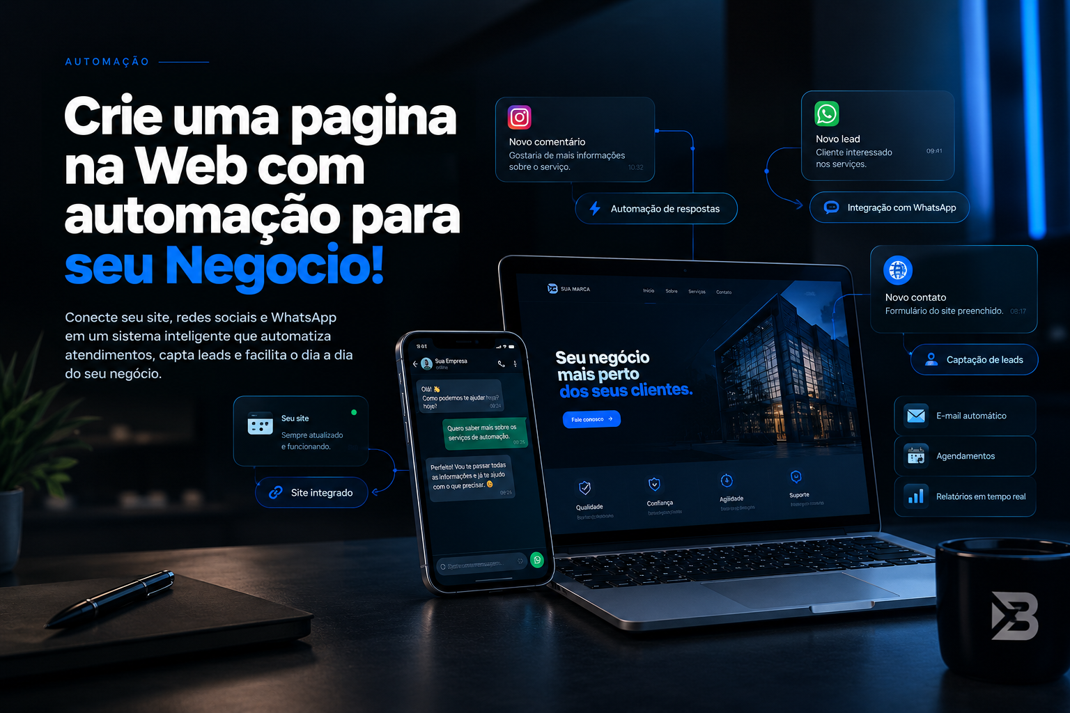 Site com automação conectado a WhatsApp, redes sociais, e-mails e relatórios
